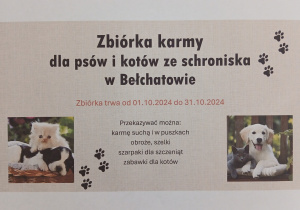 Plakat informujący o zbiórce karmy dla zwierząt