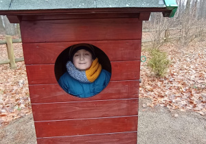 Chłopiec w drewnianym domku