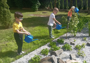Dzieci podlewają roślinki