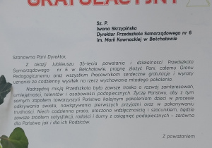 List gratulacyjny od Pana Dyrektora MCK Bełchatów